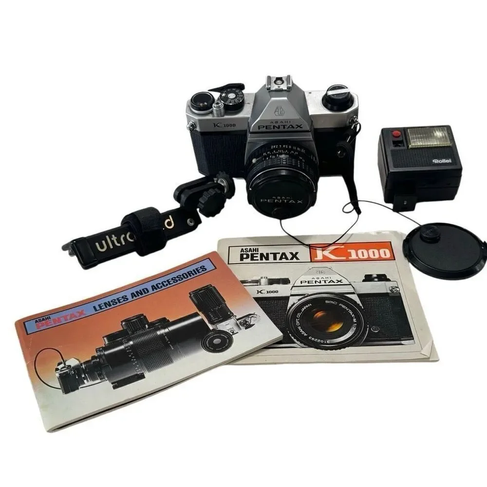Pentax K1000 35mm SLR Camera w/SMC Pentax-M 50mm f/1.2 Lens, flash & mini tripod